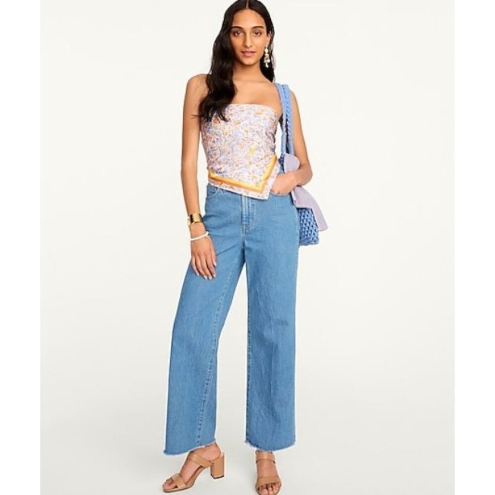 J. CREW Slim Wide Leg Jeans Medium Indigo Wash Raw Hem Womens 29